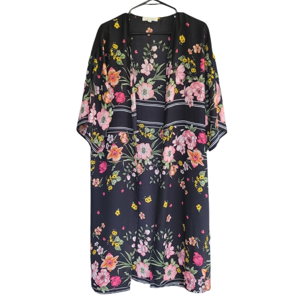 Active USA Black BOHO Chic Floral Print Long Kimono S